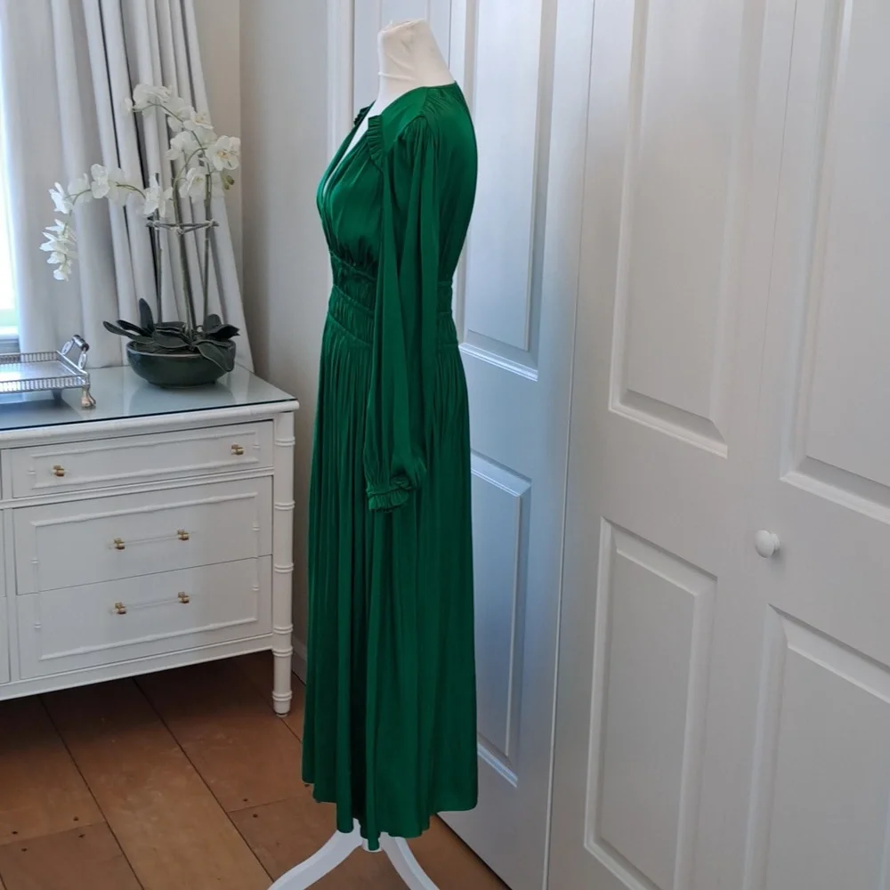 Maje Womens Rianette Smocked Silky Green Party/Wedding‎ Guest Midi Dress 38/6-8